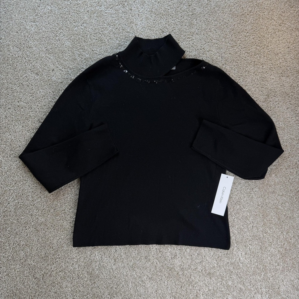 Calvin Klein Sweater Womens Medium Black Mock Neck Sequin Tight-Knit Pullover